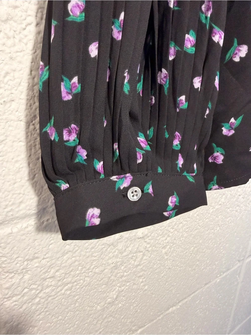 J. Crew Black Floral Pleated-Sleeve Blouse